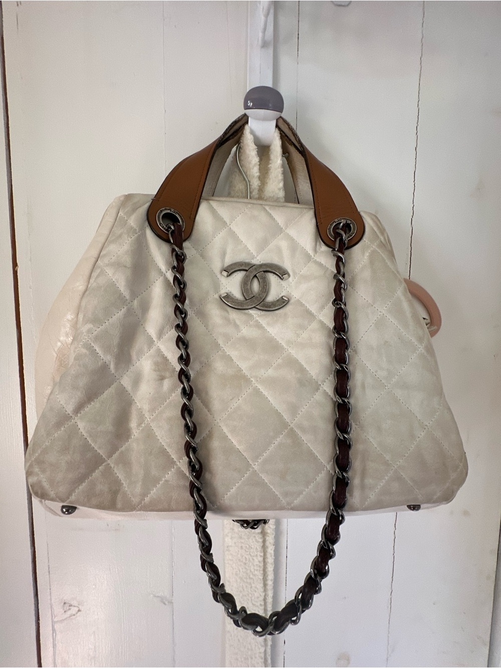 CHANEL Quilted Tote in Cream with Tan Handles